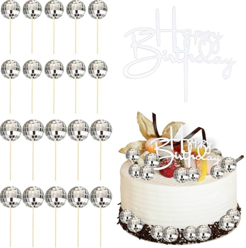 Embhlitfe 21 Pcs Disco Ball Cake Toppers,Disco Ball Cake Decorations Mini Disco Balls for Cake Disco Balls Cupcake Toppers,Silver Cake Ballss for 1970s Disco Cake Decorations Disco Party Supplies