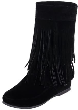 Qynthra Botas con Flecos Mujer Tacón Plano Media Pantorrilla Ante con Borlas para Festival Y Ropa Casual Forro Transpirable Suela Goma,Negro,36 EU