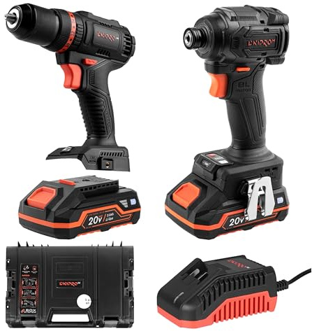 Dnipro-M Kit attrezzi batteria con trapano a percussione a batteria CD-201HBC Compact, avvitatore elettrico impatto DTD-201BC ULTRA 20 V, 2 batterie ricaricabili 2 Ah caricabatterie rapido, cassetta