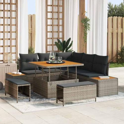 QJBSAVVA Garten-Sofa-Set 8-Teilig Grau Poly-Rattan Tischplatte Akazienholz modular verstellbare Füße Robustes Material für Garten Balkon Terrasse und kleine Freisitze