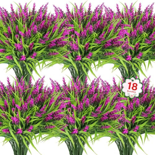 BlueCloudy 18 paquetes de plantas artificiales para exteriores, resistentes a los rayos UV, flores decorativas falsas, lavanda artificial para exteriores, cestas colgantes para jardín, oficina en casa