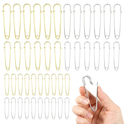 44 Stück Sicherheitsnadeln Groß, 5/7/10cm Große Sicherheitsnadeln Metall Oversized Safety Pins für Kleidung Leder Charms und DIY Handwerk (Silber Gold)