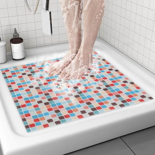 BWBIKE Alfombra de Baño y Ducha de PVC Antideslizante con Estropajo, Extra Grande 70x70 cm, de Secado Rápido y Suave, para el Suelo del Baño