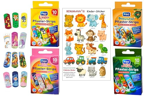 40x Kinderpflaster FIGO 13 Motiven &【gratis】BERGMANN⁺® Aufkleber, Pflaster Set für Mädchen und Jungs, Klinisch getestet, Wasserabweisend, Strips, bunte Pflaster, Sticker, Kindergeburtstagsgeschenk