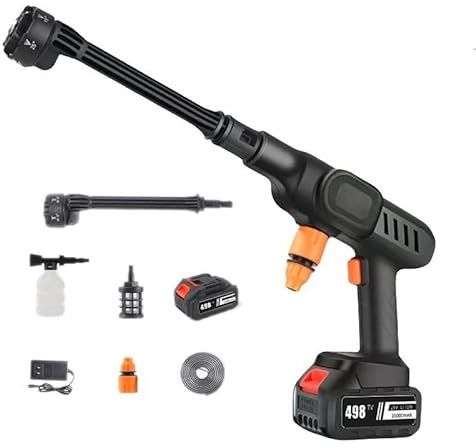 Limpiador de alta presión inalámbrico, pistola portátil de agua de alta presión, pistola de 60 bar, alcance máximo de pulverización de 10 m, para jardín y coche (2 baterías)