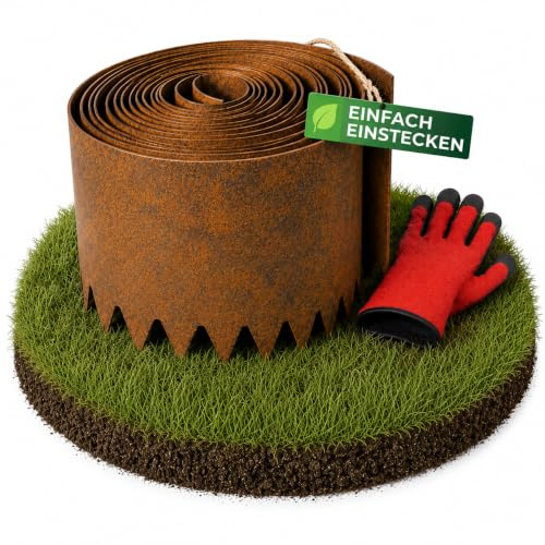 GardenVenture Beeteinfassung Metall aus Cortenstahl 10 m – Rasenkante mit Erdspitzen, 15 cm hoch, Flexible Beetbegrenzung in Rostoptik für Garten, Beet und Rasen