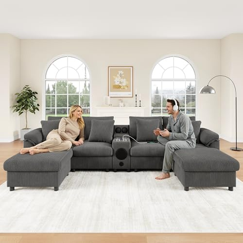 Lekvvied - Sofá Modular de Pana en U y L, sofá de 6 plazas con Bluetooth y Consola, sofá esquinero con Almacenamiento, Carga inalámbrica, sofás modulares con Puertos USB, portavasos, Gris