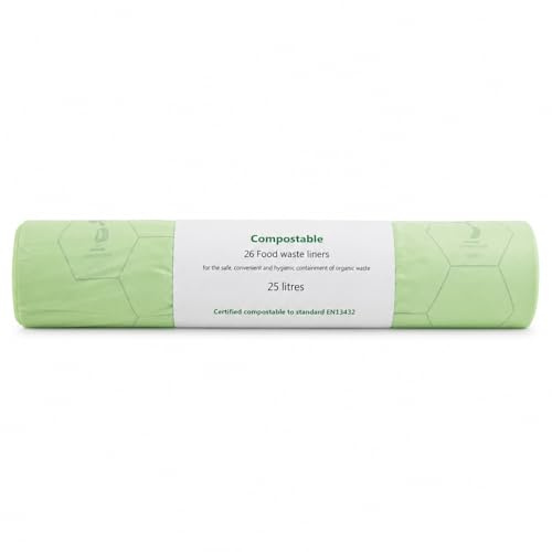 25L Compostable Bin Bags, 1 Roll of 26 Bags | Eco-Friendly Biodegradable, Food Waste Liners, Heavy Duty Leak-Proof, Kitchen Trash Bags, Certified Compostable