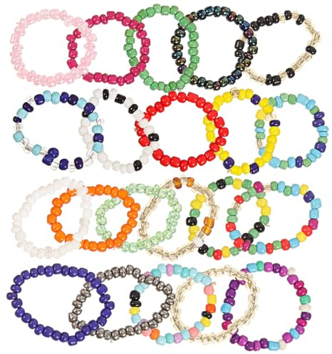 NUSITOU Bunte Perlenringe 21 Stück Kreative Rocailles Ringe Elastisch für Mädchen Freizeit und Sommerfest 0.91X0.91 Zoll Zufällige Farbe