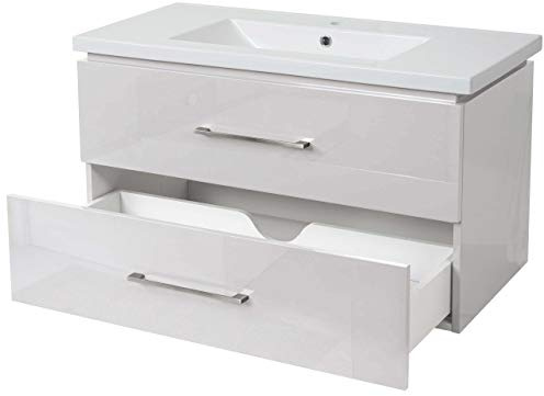 Mendler Premium Waschbecken + Unterschrank HWC-D16 Hochglanz 90cm - weiß | Waschtisch