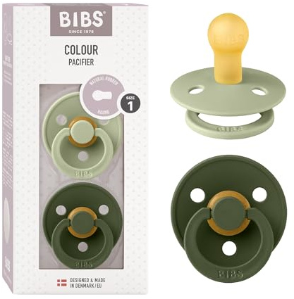 BIBS Colour Schnuller 2er-Pack, BPA-frei, Kirschform Nippel. Naturkautschuk/Latex, Hergestellt in Dänemark. Größe 1 | 0+ Monate | 2-Pack, Sage/Hunter Green