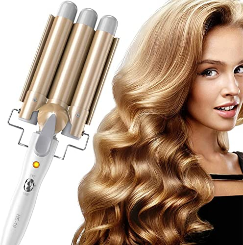 Three Barrel Hair Waver 25MM Big Wave Hair Curling Iron Wand with Two Speed Temperature Control, Ceramic Tourmaline Triple Barrels, Dual Voltage Crimp, Gold