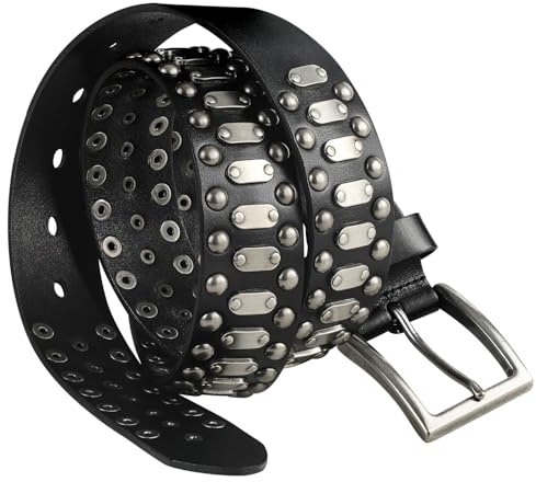 FIORETTO Stylish Mens Studded Casual Italian Cowhide Leather Belts For Jeans Punk Rock Rivets Belt With Buckle For Men Black