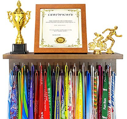 Qktxktzy Premium Holzmedaillenhalter mit 18 Trophäenregalen.Perfektes All-in-1-Regal mit 25 Stück Stahlhaken.Wandhalterung Medaillenhalter für Sportliebhaber Geschenk