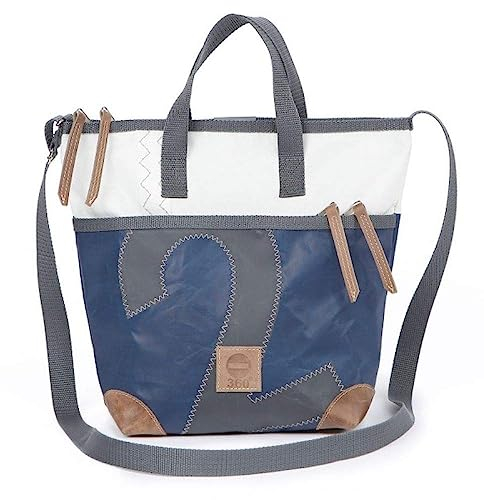 360° Grad Deern Mini Schultertasche, Umhänge-Tasche, Segeltuch, blau weiss, Zahl grau, Gurt grau mit Karabinern, maritim, wetterfest