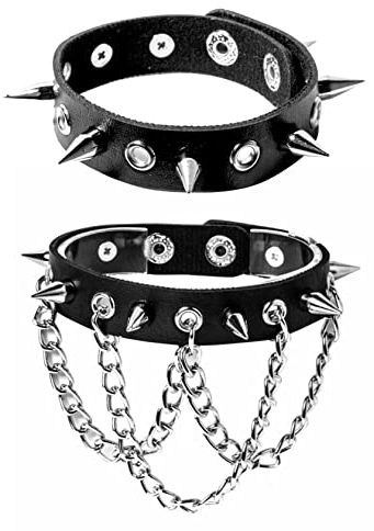 MILAKOO 2 Stücke Armbänder Set Punk Rock Lederarmband schwarzes Nietenarmband mit Ketten verstellbar