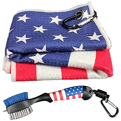 Golf Club Brush and Amercian Flag Golf Towels, Golf Groove Cleaner Cleaning kit, Golf Accessories Cleaner Tool with Strong Magnet Stick to Golf Clubs or Bag