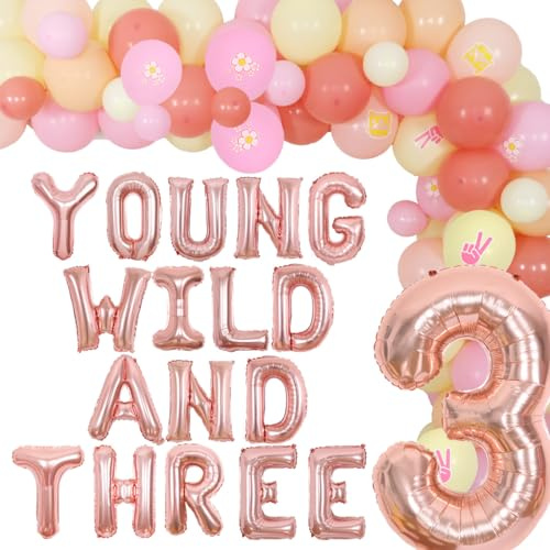 JOYMEMO Groovy Party-Dekorationen zum 3. Geburtstag, junge Wild- und drei Gänseblümchen-Blumen-Luftballons, Girlande-Kit, Retro-Boho-Mädchen,