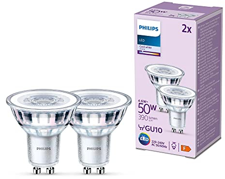 Philips Classic LED GU10 Lampe, 50W, klar, neutralweiß, nicht dimmbar, Doppelpack, Kaltweiß