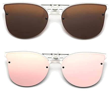 Long Keeper Sonnenbrillen Clip Polarisiert - Clip On Sonnenbrille für Brillenträger, Metall Katzenauge Sonnenbrillen Aufsatz Brille für Damen Herren