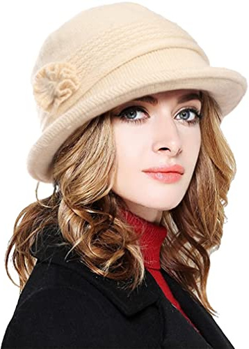 CheChury Damen Wollmütze Winter Mütze Warme Strickmütze Frauen Beaniemütze Retro Fedorahüte Frauen Glockehut Kaschmir Mütze Damen Bowler Hut Winter Strickmütze mit Schirm Damen Melone Hut