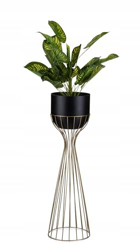 HowHomely Moderne Blumenständer Metall 68 cm Hoch mit Schwarz Blumentopf Rund 18 cm Ø auf Robuste Gold Ständer - Pflanzenständer zur Dekoration Innenräumen