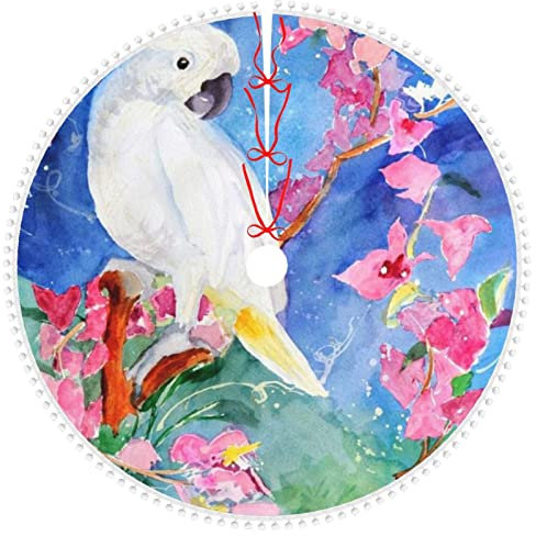 Schöner Weihnachtsbaumrock mit Kakadus-Vogel-Blumen-Druck, mit kleinen Pompons, Rand, 121,9 cm, für Weihnachten, Neujahr, Urlaub, Party