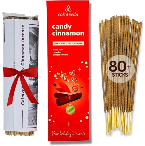 Casetta Natalizia Incenso Cannella Candy - (80 bastoncini naturali) pulito niente carbone, Vaniglia speziata e cremosa e saporito incenso al mandarino, fiori riciclati | incenso natalizio