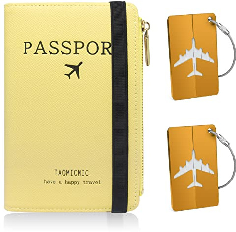 HNOOM Reisepasshülle, Premium PU Leather Passport Cover mit RFID Blockier, 1PCS Reisepass Organizer & 2PCS Kofferanhänger, Schutzhülle Reisepass für Kreditkarten, Ausweis und Reisedokumente (Gelb)
