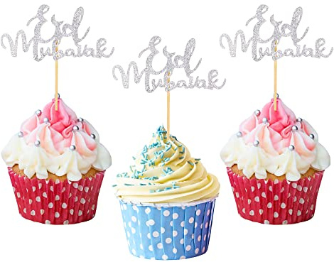 KEYIDO Eid Mubarak Cupcake Topper 20 Stück - Gold, 8 x 4 cm, Tortenaufsatz, Kuchen Topper, Eid, metallic