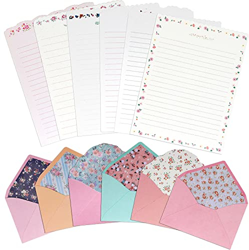 KSIWRE Briefpapier- und Umschläge-Set, 24-teiliges Schreibwarenpapier mit 12 Umschlägen, warmer Umschlag mit Blumenmotiv und Schreibwaren-Design für Einladungen, Geschenke, Dekorationen, Urlaub, Party