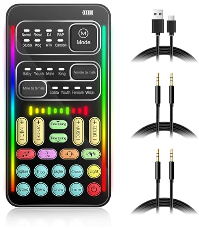 Portable Voice Changer, 8 Voice Changes Live Sound Card, Cool LED Lights Sound Board, Voice Disguiser, Modulator for for for One for PC,Phone,Laptops