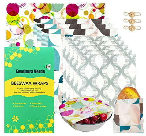 9 Pack Beeswax Food Wraps - Organic Biodegradable Zero Waste Sustainable Plastic Free Food Storage - Eco Friendly Reusable Wraps Cheese Sandwich Paper Wraps