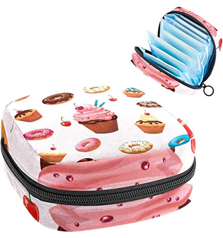 Periodenbeutel, tragbare Tampon-Aufbewahrungstasche für Damenbinden, leckere Desserts, Donuts, Kuchen, Mehrfarbig, 4.7x6.6x6.6 in/12x17x17 cm