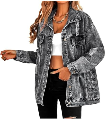 LifeShe Women's oversized Jean Jacket distressed denim Coat with Pockets
