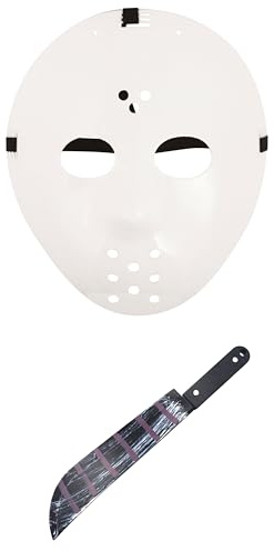labreeze Hockey Face Mask White Plastic Fake Blooded Machete 50Cm Prop Halloween Horror Style Fancy Dress Costume Set