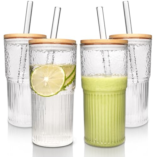 ANOTION Glass Cups - 22 oz/625ml Iced Coffee Cups Drinking Glasses Iced Coffee Cup Reusable Smoothie Cup Glass Tumbler Water Glasses Ribbed Glassware Work from Home Travel Coffee Drinking Set | Smoothie Cup Glass Tumbler Water Glasses Ribbed Glassware