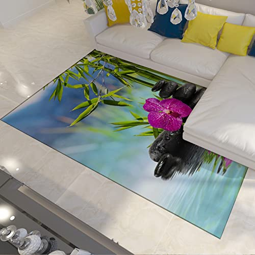 CIHCOHOME Rosa Orchideenteppich Ländlicher Stil Asiatischer Zen-Steinbereich Teppich für Bauernhaus Naturlandschaft Grüne Bambusteppiche Vordere Veranda Boden Teppich Dekor 120x170cm