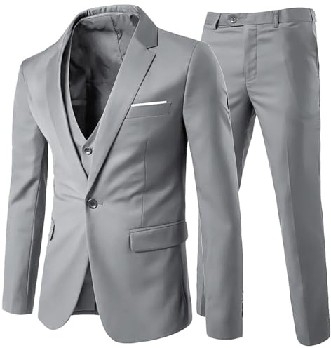 Allthemen Mens Suits 3 Piece Slim Fit 1 Button Business Formal Blazer Jacket Waistcoat Trousers Wedding Light Grey XL