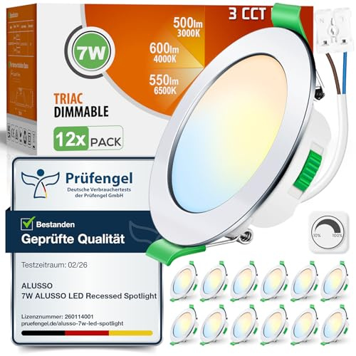 ALUSSO 3CCT LED Einbaustrahler 230V Dimmbar 7W IP44, Loch 67-75MM, 12er Set | Spots Deckenleuchte 3000K 4000K 6500K Wählbar, Deckenspots Einbauleuchten Einbauspots für Badezimmer Küche, Rund Chrom