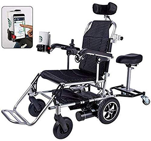 NOALED Zusammenklappbarer elektrischer Rollstuhl-Rollstuhl mit leichtem Motor, Doppelmotor, mit Shell-Handyhalter, Kopfstütze mit Rücksitz