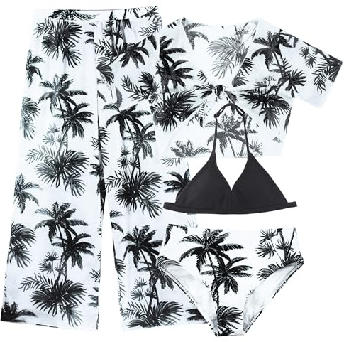 FEOYA Lot de 4 maillots de bain d'été pour fille - Protection UV - Imprimé - Tenue de plage en gaze - Maillot de bain + bikini lingerie + culottes + pantalon respirant (8-12 ans), Noir séduisant, 10