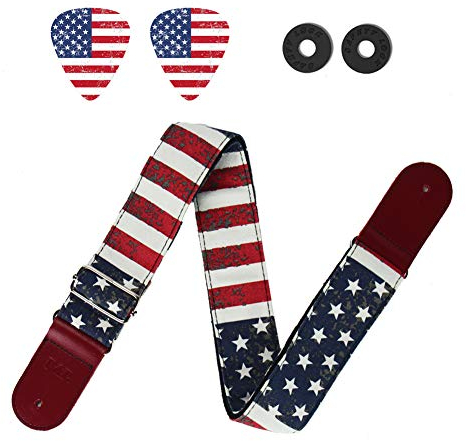 Czzmy Gitarrengurt, Verstellbarer Gitarren-Gurt Gitarrenband Guitar Strap mit Lederenden Plektrum Knöpfe Gitarrenhals Gurt für E-Gitarre Akustikgitarre Bass(1-Amerikanische Flagge)