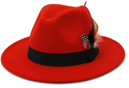 FULUJIDI Fedora Trilby Filzhut Hut Panama Jazz Fedora Hut Mit Breiter Krempe Feder Gürtel Kirche Top Caps 59 To60 cm Orange Red