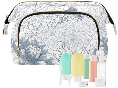 FRODOTGV Sacs de maquillage, dahlia et chrysanthème gris blanc, sacs de voyage pour femmes, sacs cosmétiques à fermeture éclair pour sac à main, brosse de maquillage, Dahlia Et Chrysanthème Gris