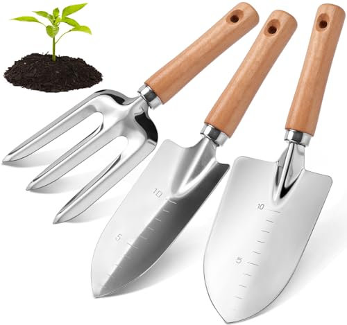 Garden Tool Set with Wood Handle, Aluminum Graduated Shovel, Hand Fork, Transplant Shovel with Scale, 3Pcs Heavy Duty Hand Tools Set for Garden Planting