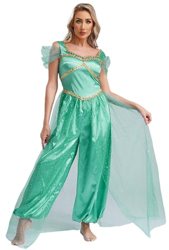 iiniim Damen Bauchtanz Kostüm Glitzer Body Overall Arabische Prinzessin Kostüm Bauchtänzerin Indische Tanzkleidung Halloween Karneval Partykleid Türkis XXL