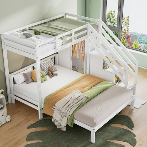 KecDuey Letto a castello con guardaroba, letto a castello per bambini, 90 x 200 cm + 140 x 200 cm, multifunzione, con scaletta, grande spazio di archiviazione, senza materasso, bianco