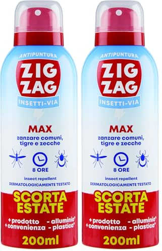ZIG ZAG Repellente, Zanzare, Spray Antizanzare, Spray Corpo Insettivia Inodore, Repellente Per Zanzare, Zanzare Tigre, Zecche, Scorta Estate - 200 ml