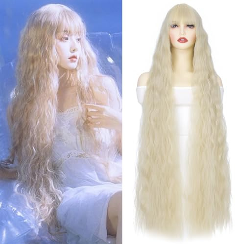 PARXITN 100 cm Extra Lange Synthetische Cosplay Perücke mit Pony Mais Lockig Blond Lolita Perücke für Frauen Cosplay Party Halloween Kostüm Karneval Fasching Perücke